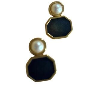 Vintage Signed Monet Navy and White Gold Tone Clip Earrings 1980s EUC